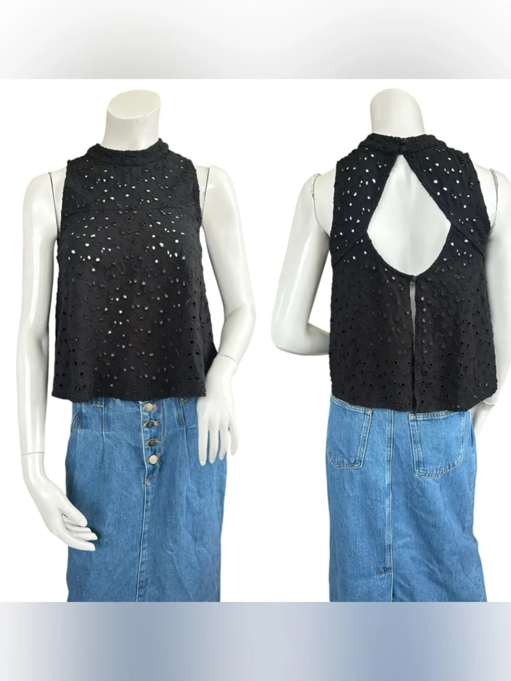 Free People Cupcake Mali Black See Through Eyelet Cropped High Neck Tank XS